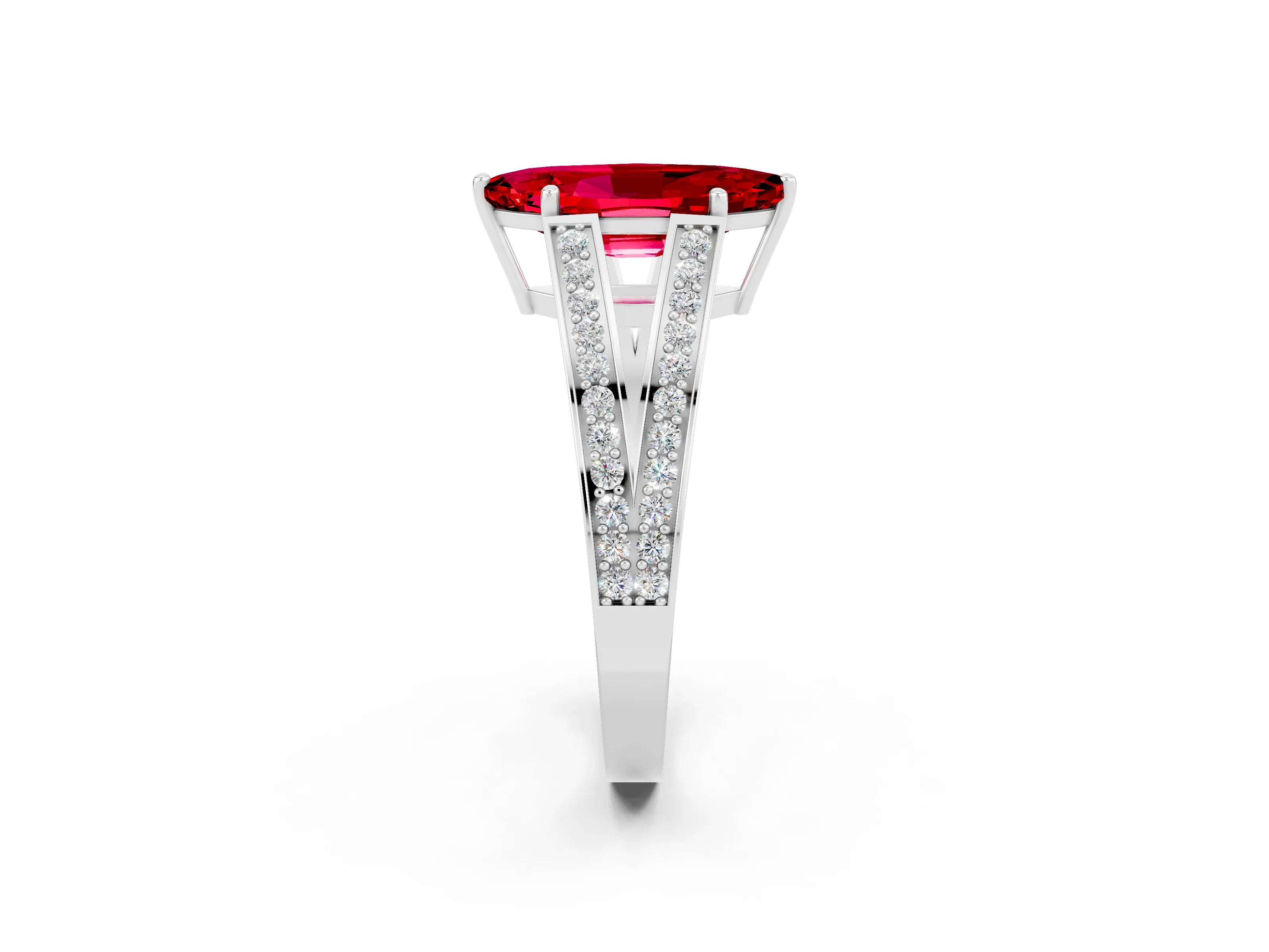 White gold Marquise Cut Ruby Split Shank Ring with Pavé Band and Four-Prong Setting_2