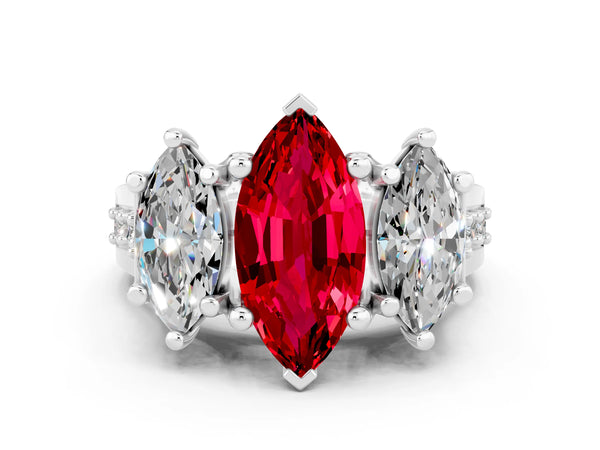 Platinum Marquise Cut Ruby Three-Stone Ring with Channel Set Band and Four-Prong Setting