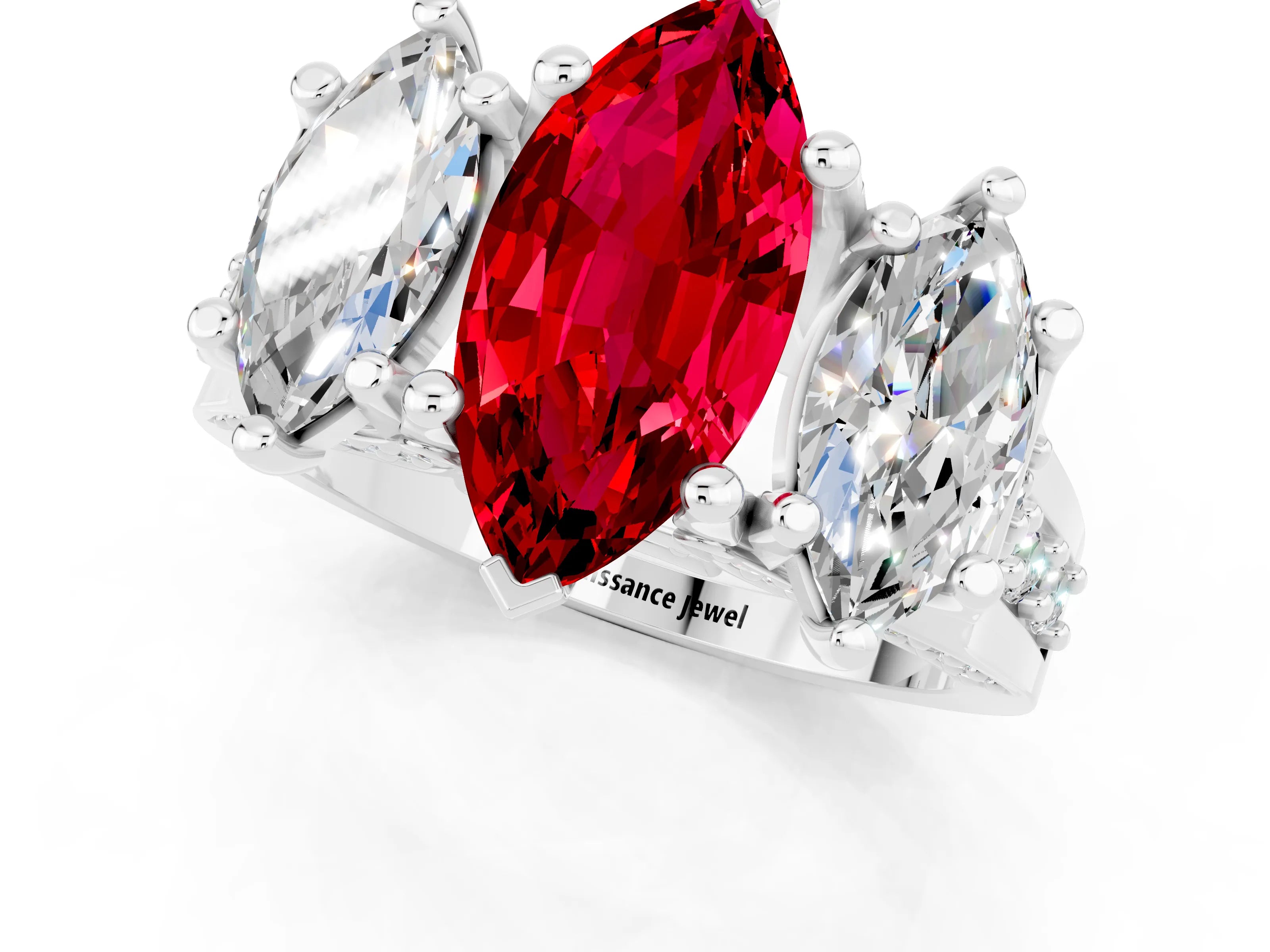 White gold Marquise Cut Ruby Three-Stone Ring with Channel Set Band and Four-Prong Setting_1
