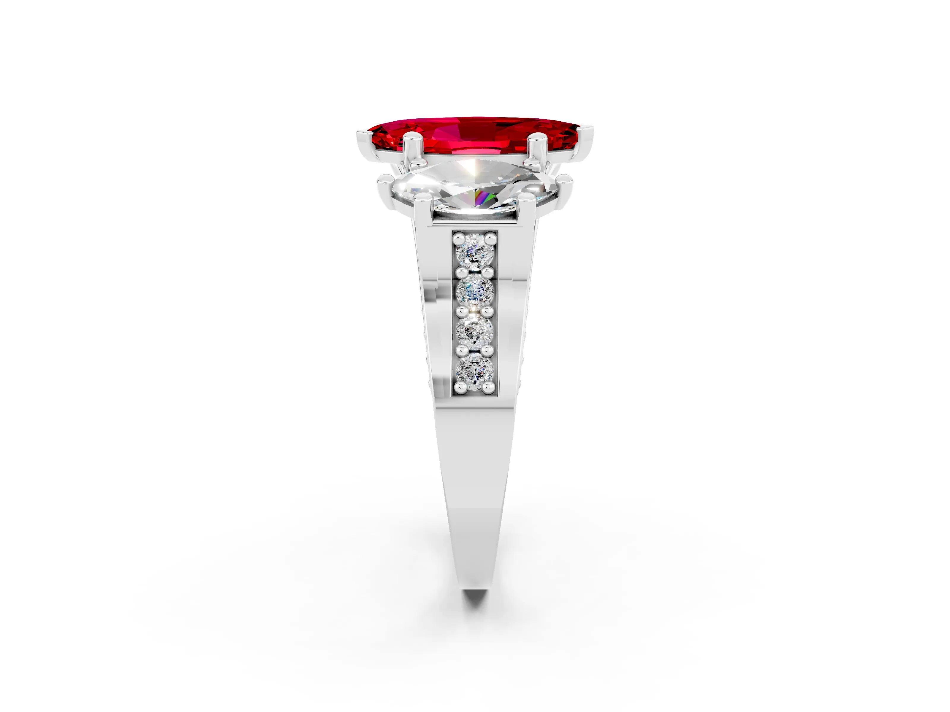 White gold Marquise Cut Ruby Three-Stone Ring with Channel Set Band and Four-Prong Setting_2