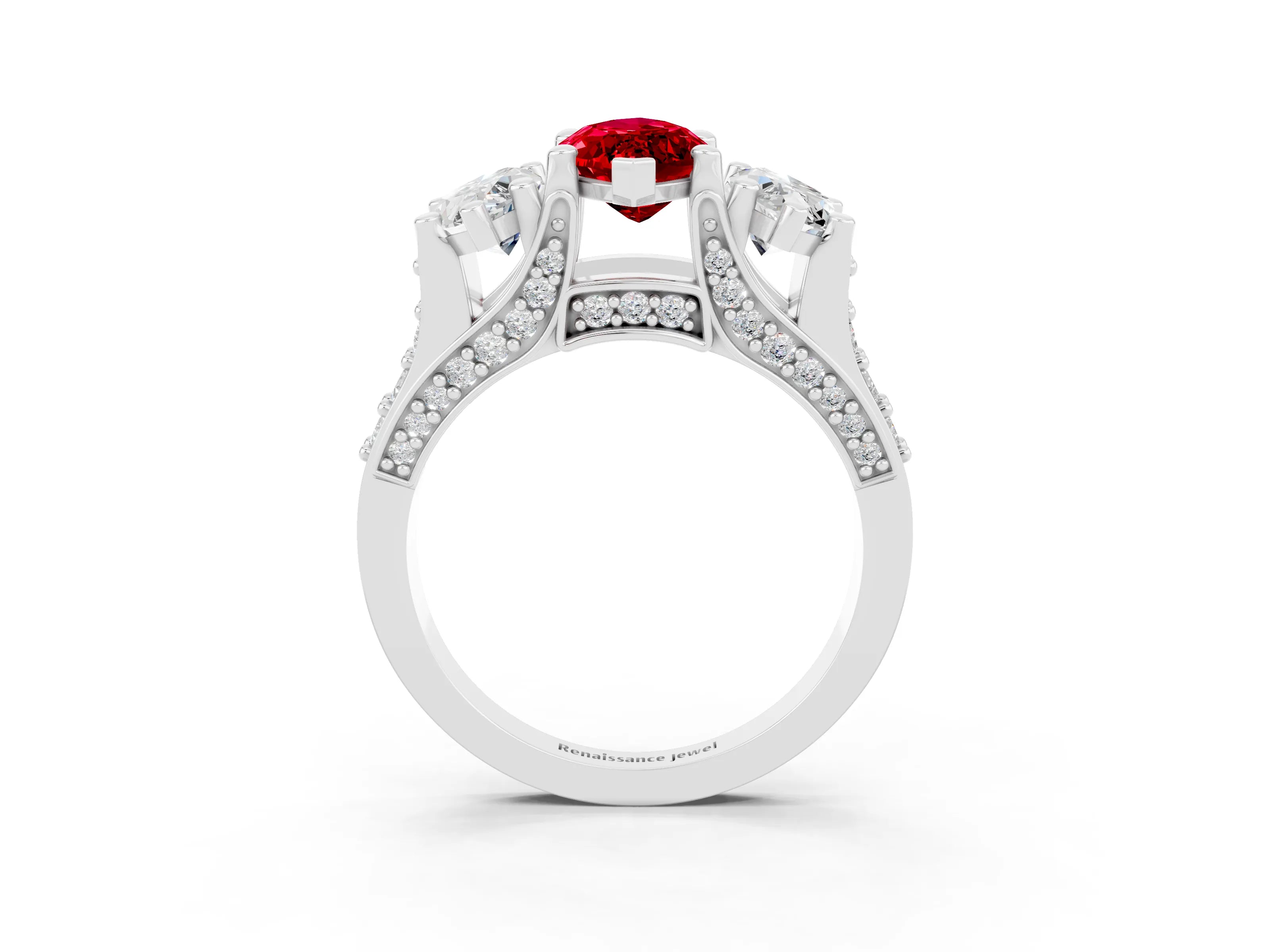 White gold Marquise Cut Ruby Three-Stone Ring with Channel Set Band and Four-Prong Setting_3