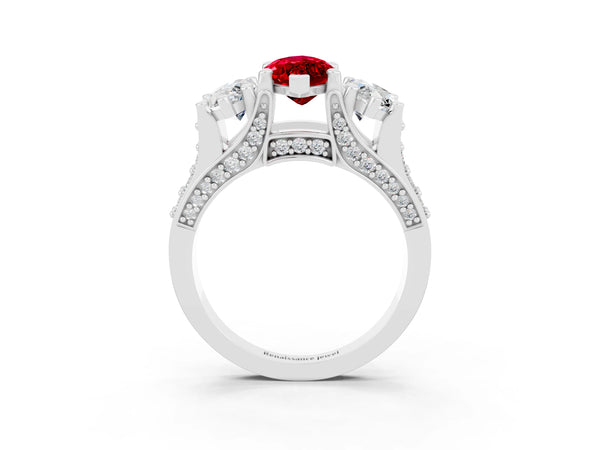 White gold Marquise Cut Ruby Three-Stone Ring with Channel Set Band and Four-Prong Setting