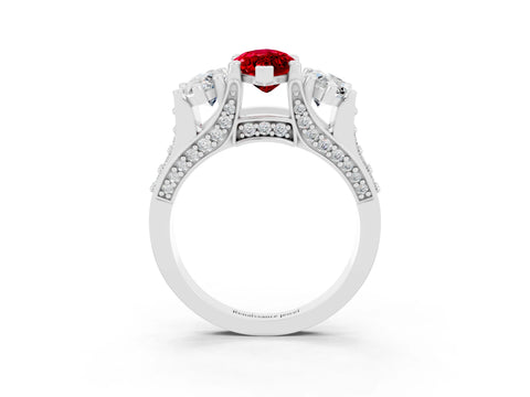 White gold Marquise Cut Ruby Three-Stone Ring with Channel Set Band and Four-Prong Setting_3