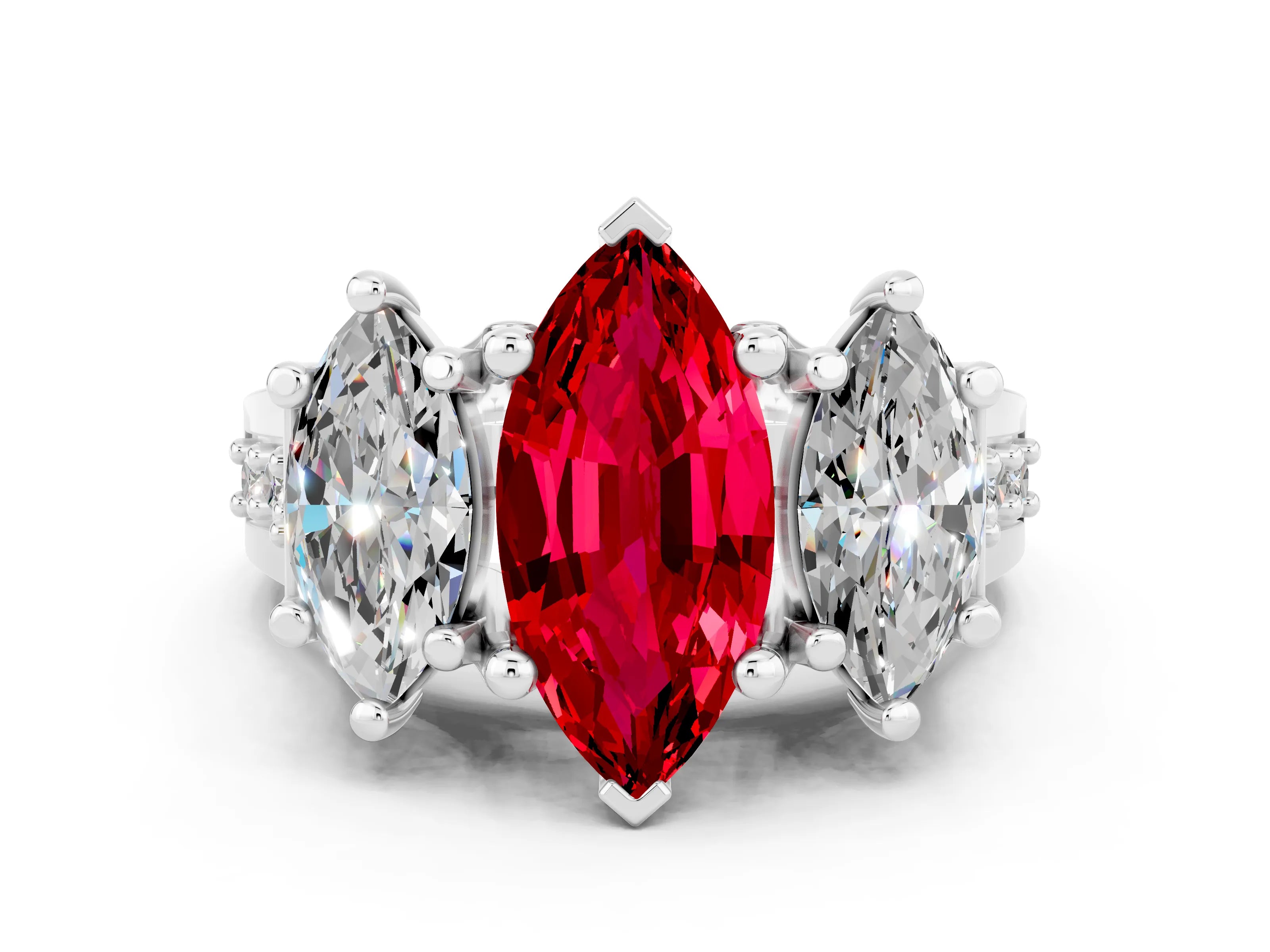 White gold Marquise Cut Ruby Three-Stone Ring with Channel Set Band and Four-Prong Setting