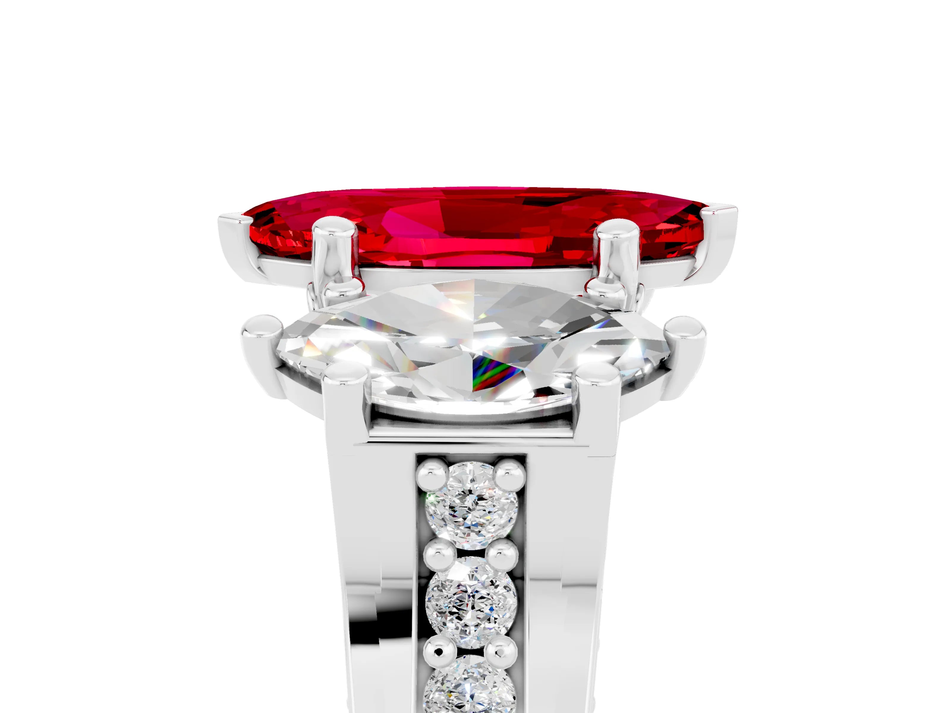 White gold Marquise Cut Ruby Three-Stone Ring with Channel Set Band and Four-Prong Setting_5