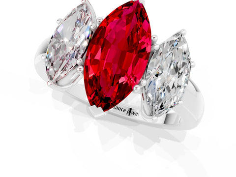 White gold Marquise Cut Ruby Three-Stone Ring with Four-Prong Setting and Classic Band_1