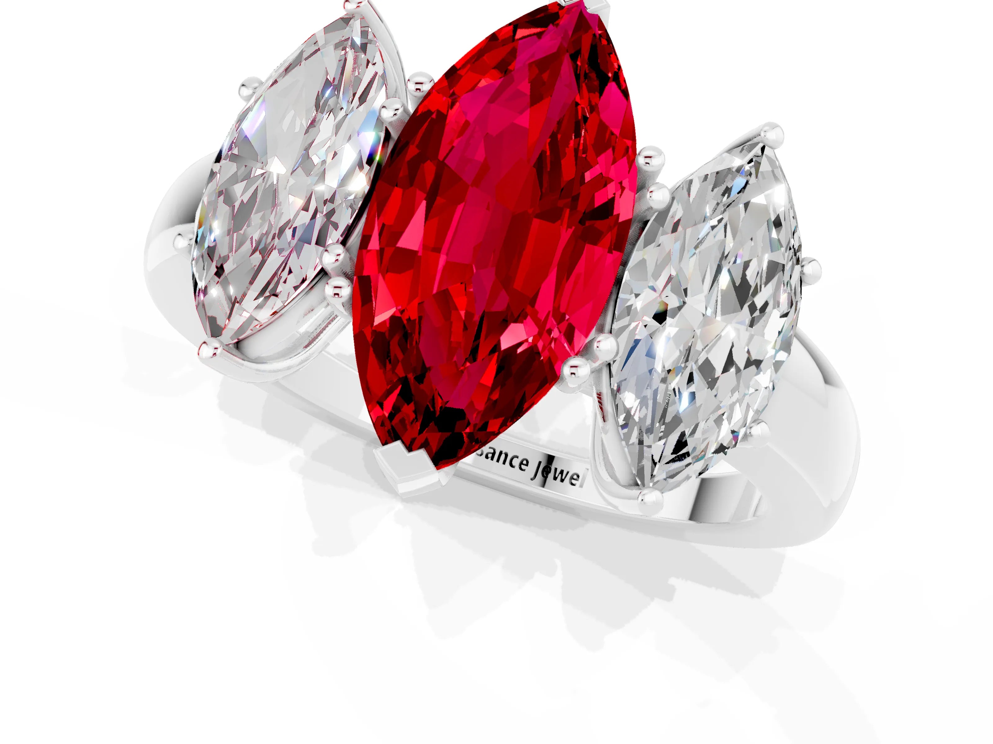 White gold Marquise Cut Ruby Three-Stone Ring with Four-Prong Setting and Classic Band_1