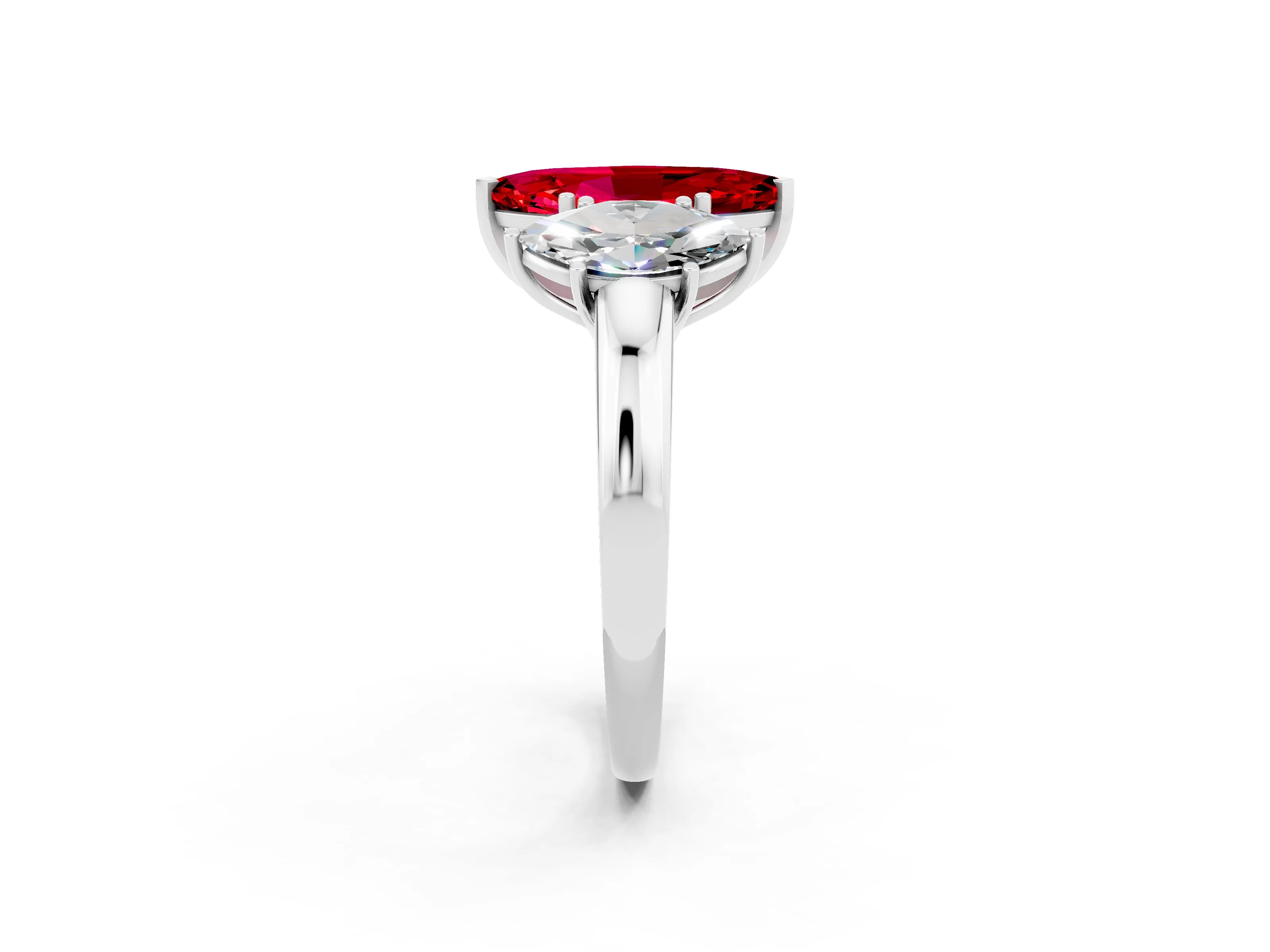 White gold Marquise Cut Ruby Three-Stone Ring with Four-Prong Setting and Classic Band_2