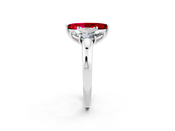 Silver Marquise Cut Ruby Three-Stone Ring with Four-Prong Setting and Classic Band