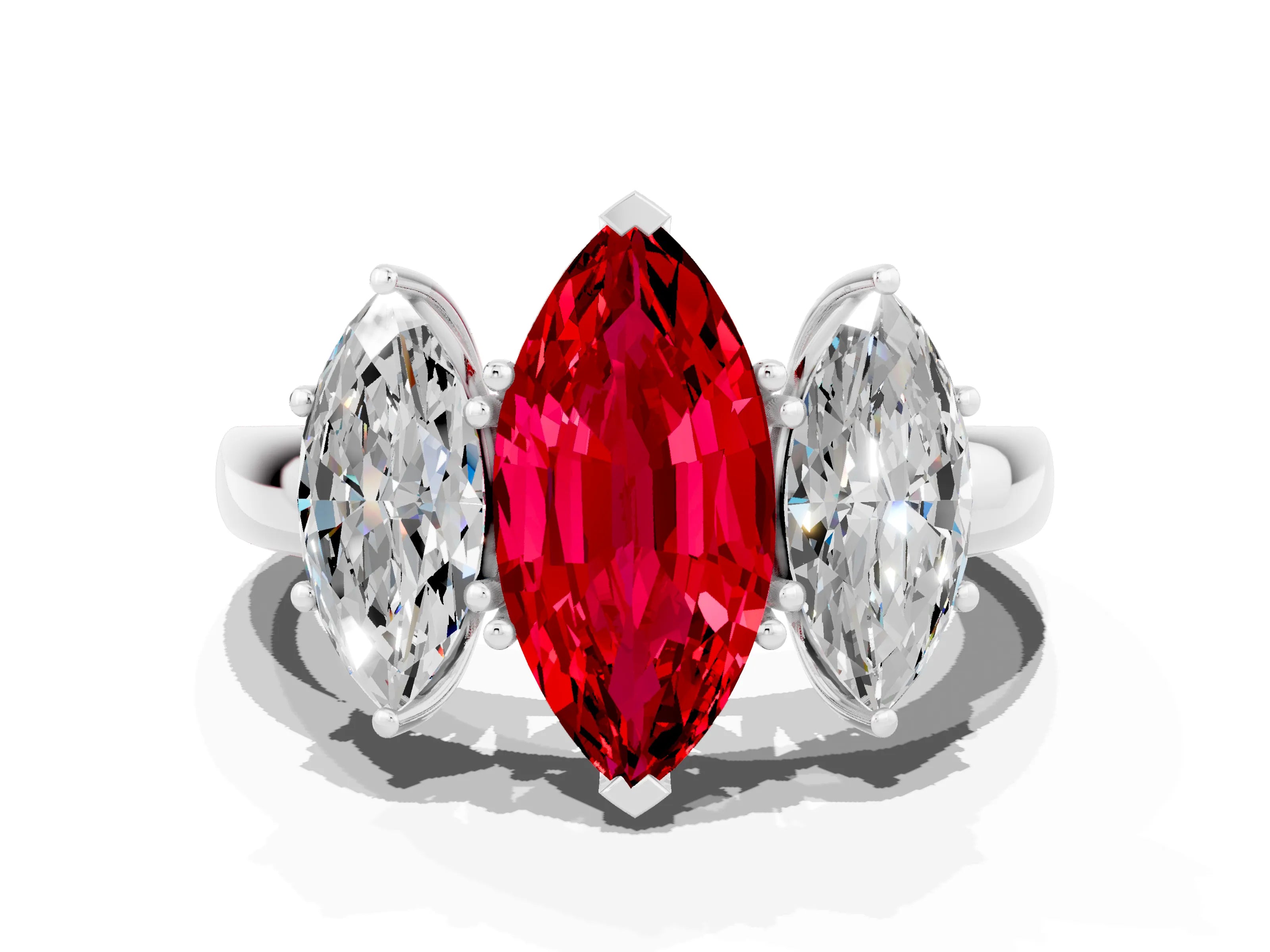 White gold Marquise Cut Ruby Three-Stone Ring with Four-Prong Setting and Classic Band