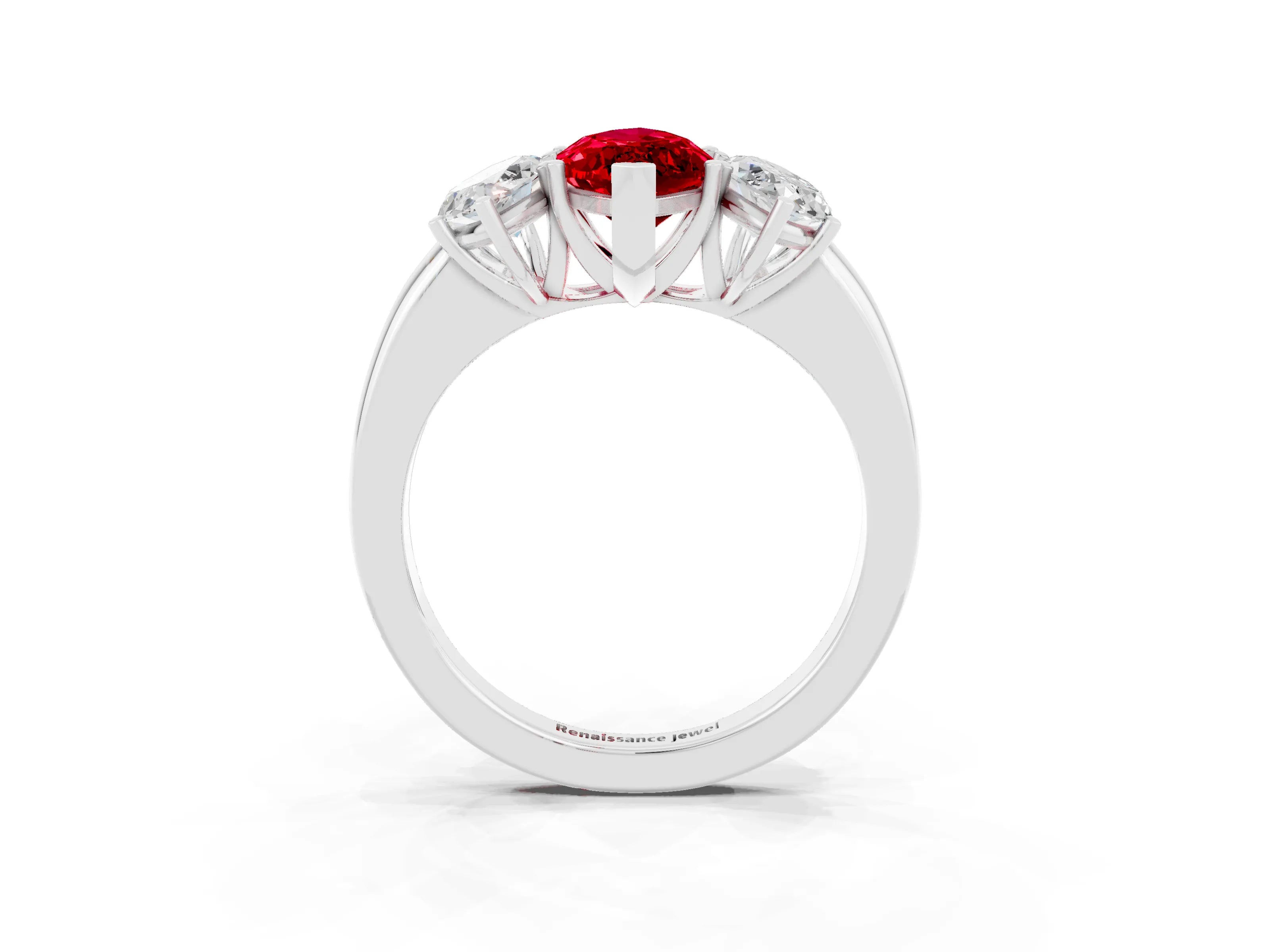 White gold Marquise Cut Ruby Three-Stone Ring with Four-Prong Setting and Classic Band_3