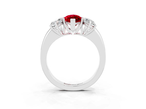 White gold Marquise Cut Ruby Three-Stone Ring with Four-Prong Setting and Classic Band