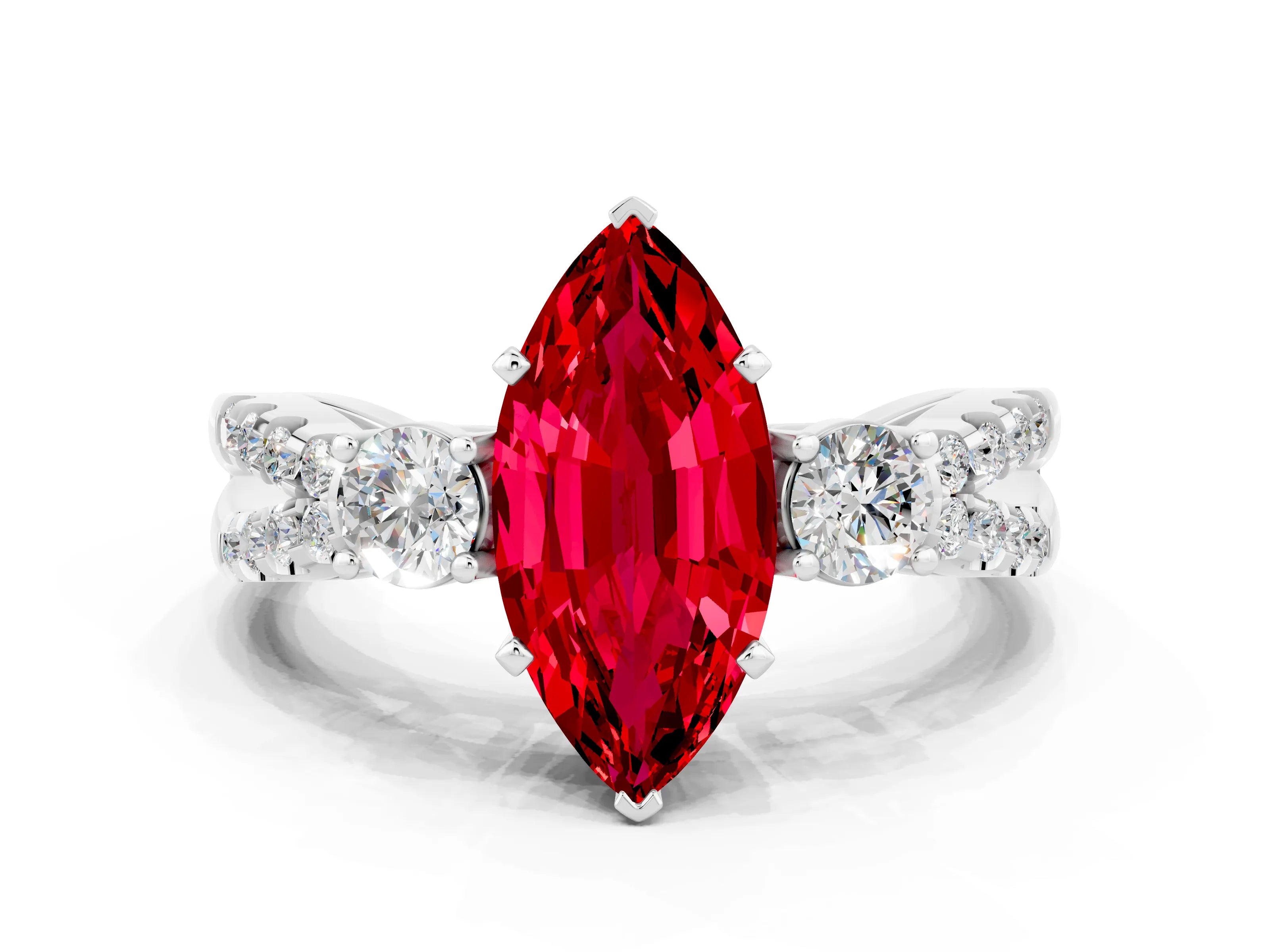 White gold Marquise Cut Ruby Three-Stone Ring with Pavé Split Shank and Four-Prong Setting_12