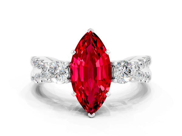Platinum Marquise Cut Ruby Three-Stone Ring with Pavé Split Shank and Four-Prong Setting