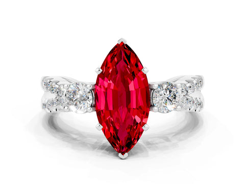 White gold Marquise Cut Ruby Three-Stone Ring with Pavé Split Shank and Four-Prong Setting_12