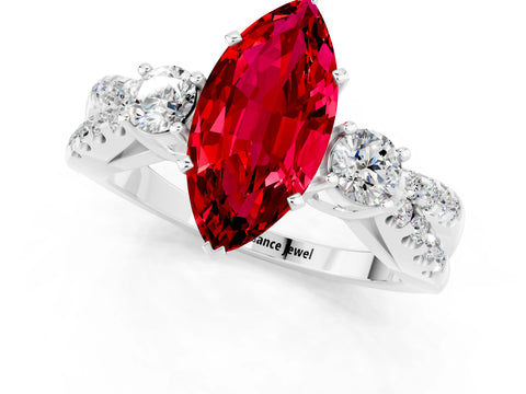 White gold Marquise Cut Ruby Three-Stone Ring with Pavé Split Shank and Four-Prong Setting_13