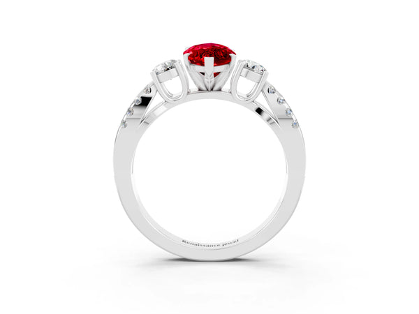 Silver Marquise Cut Ruby Three-Stone Ring with Pavé Split Shank and Four-Prong Setting