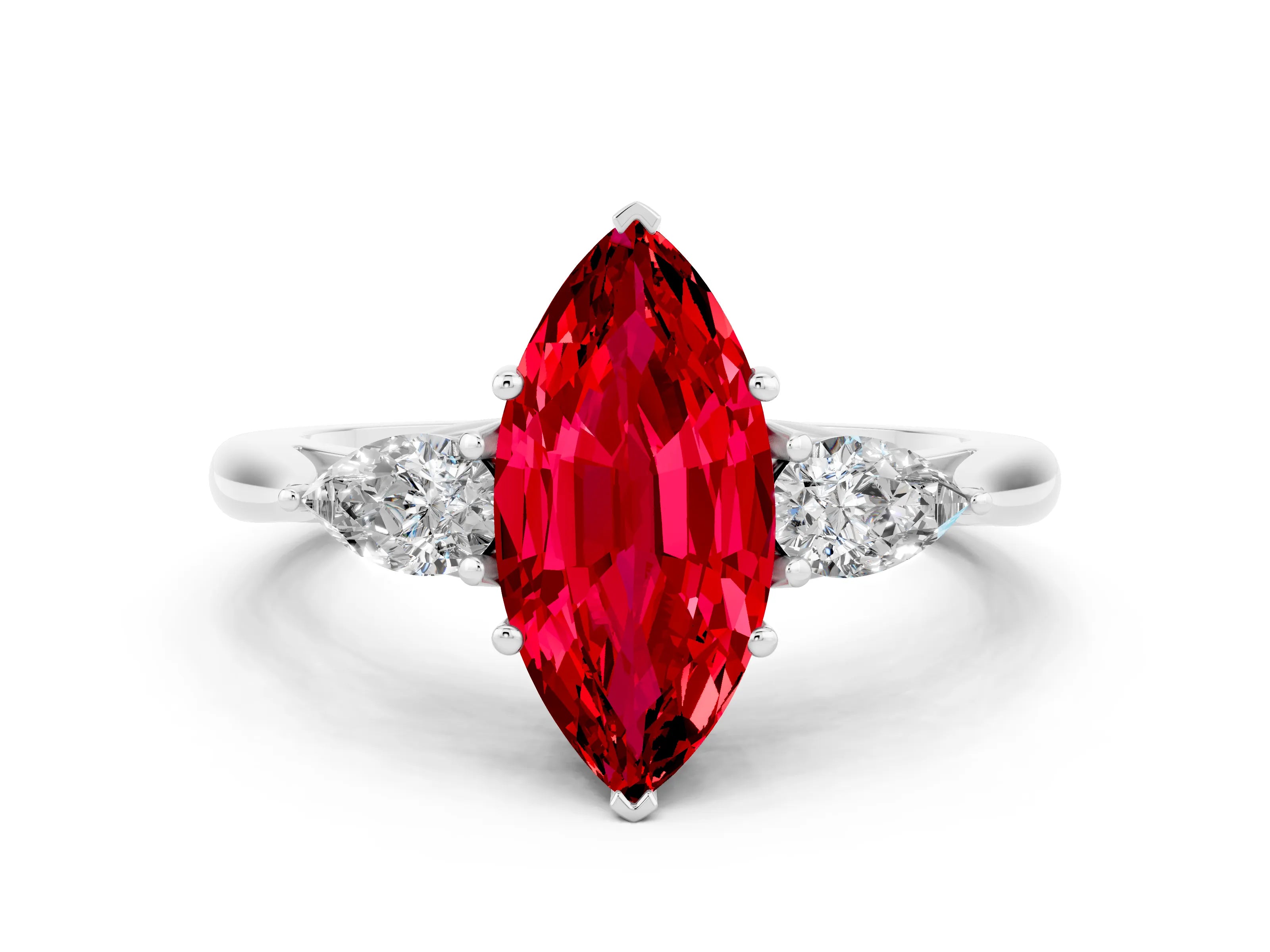 White gold Marquise Cut Ruby Three-Stone Ring with Pear Side Stones and Four-Prong Setting_12
