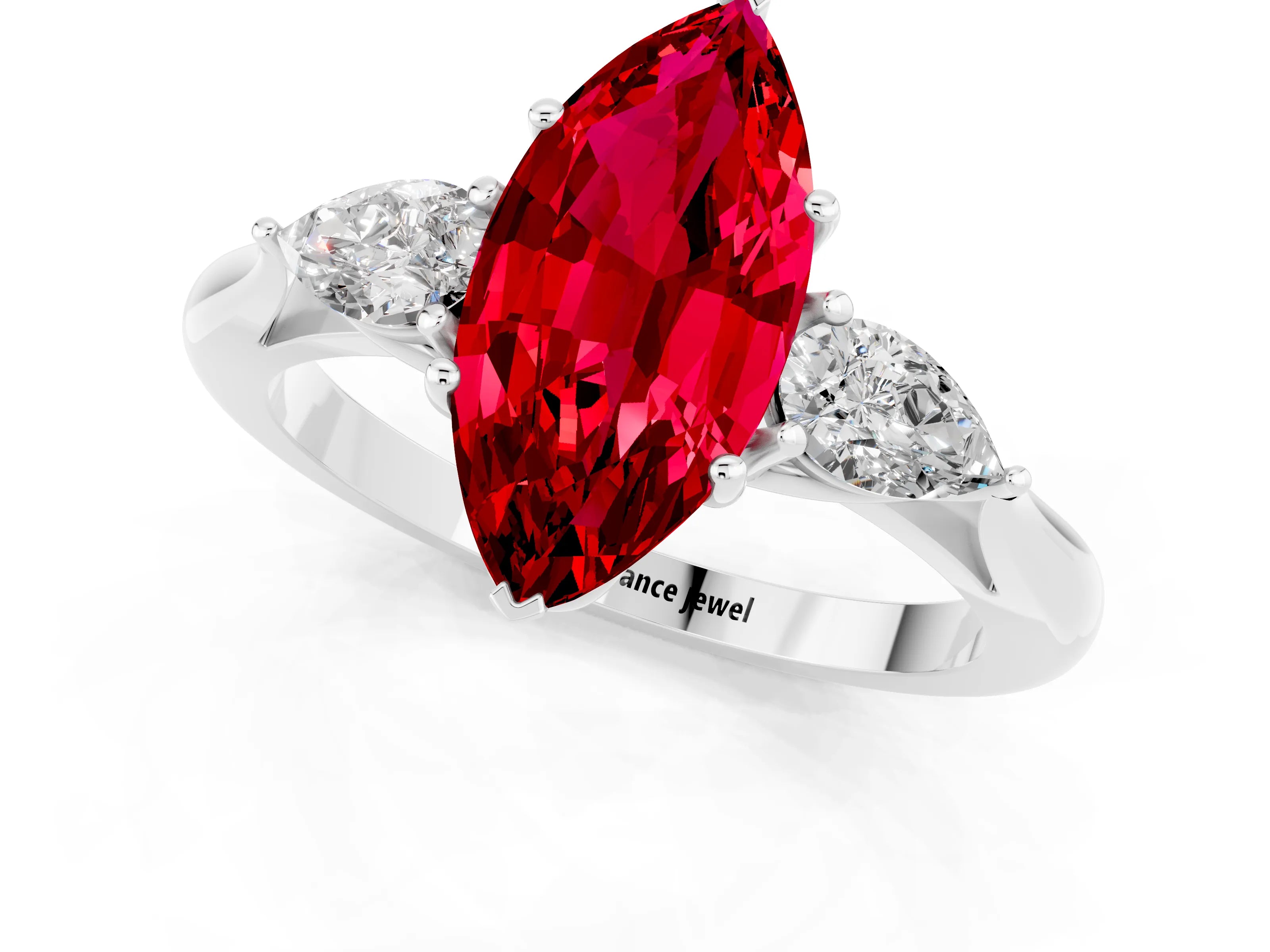 White gold Marquise Cut Ruby Three-Stone Ring with Pear Side Stones and Four-Prong Setting_13
