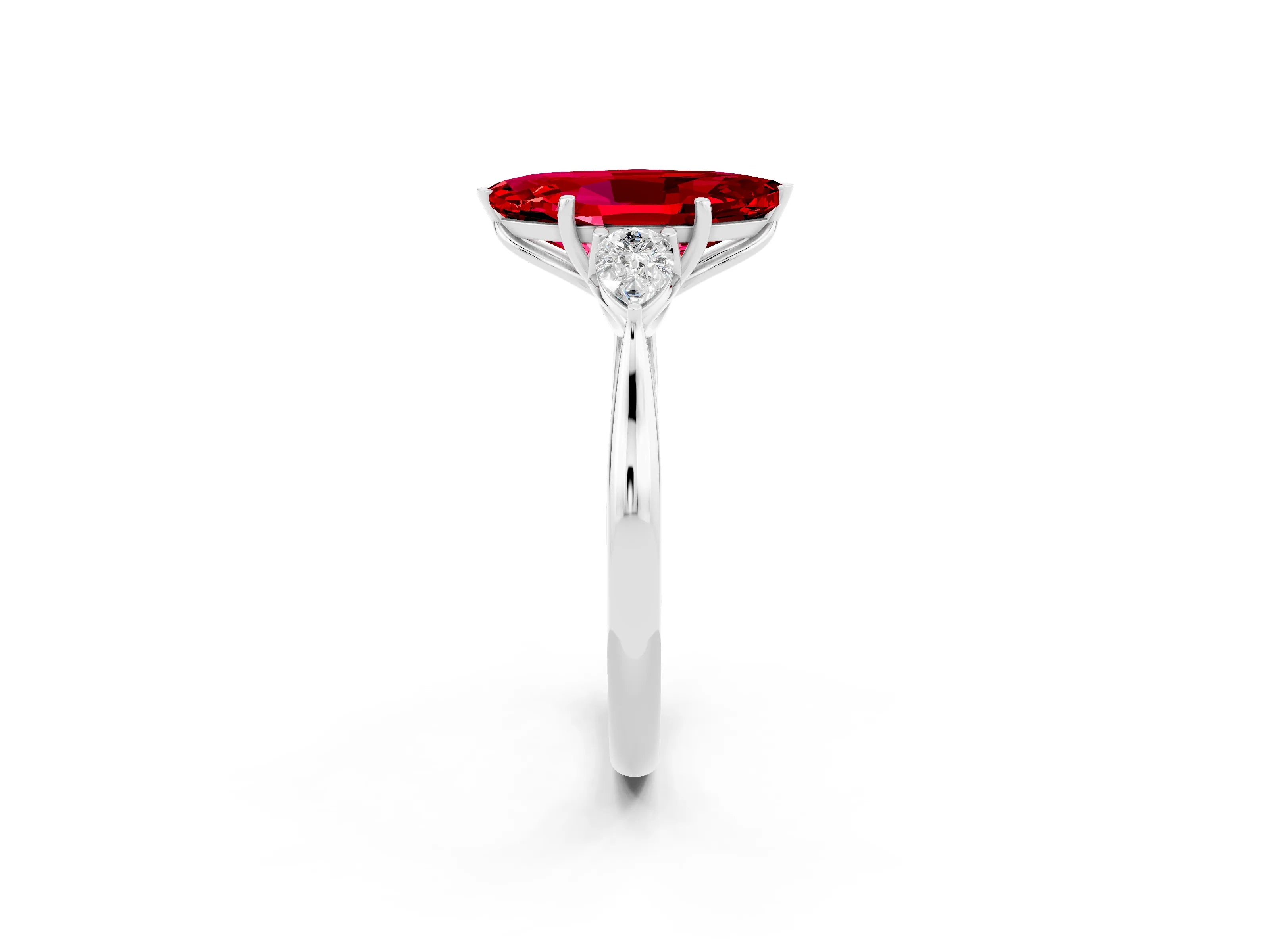 White gold Marquise Cut Ruby Three-Stone Ring with Pear Side Stones and Four-Prong Setting_14