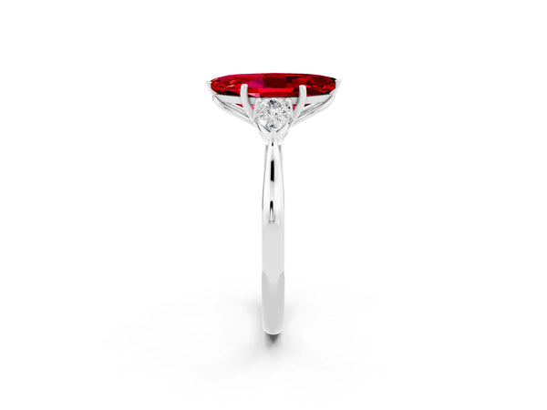 Platinum Marquise Cut Ruby Three-Stone Ring with Pear  Side Stones and Prong Setting