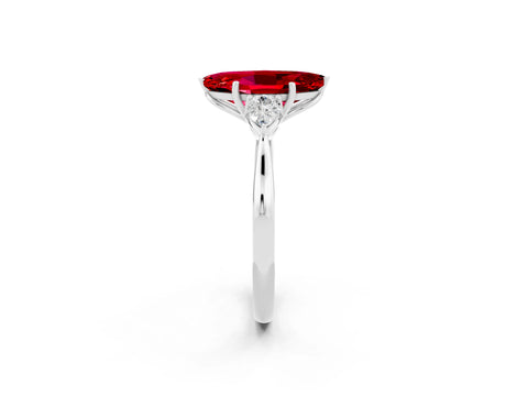 White gold Marquise Cut Ruby Three-Stone Ring with Pear Side Stones and Four-Prong Setting_14