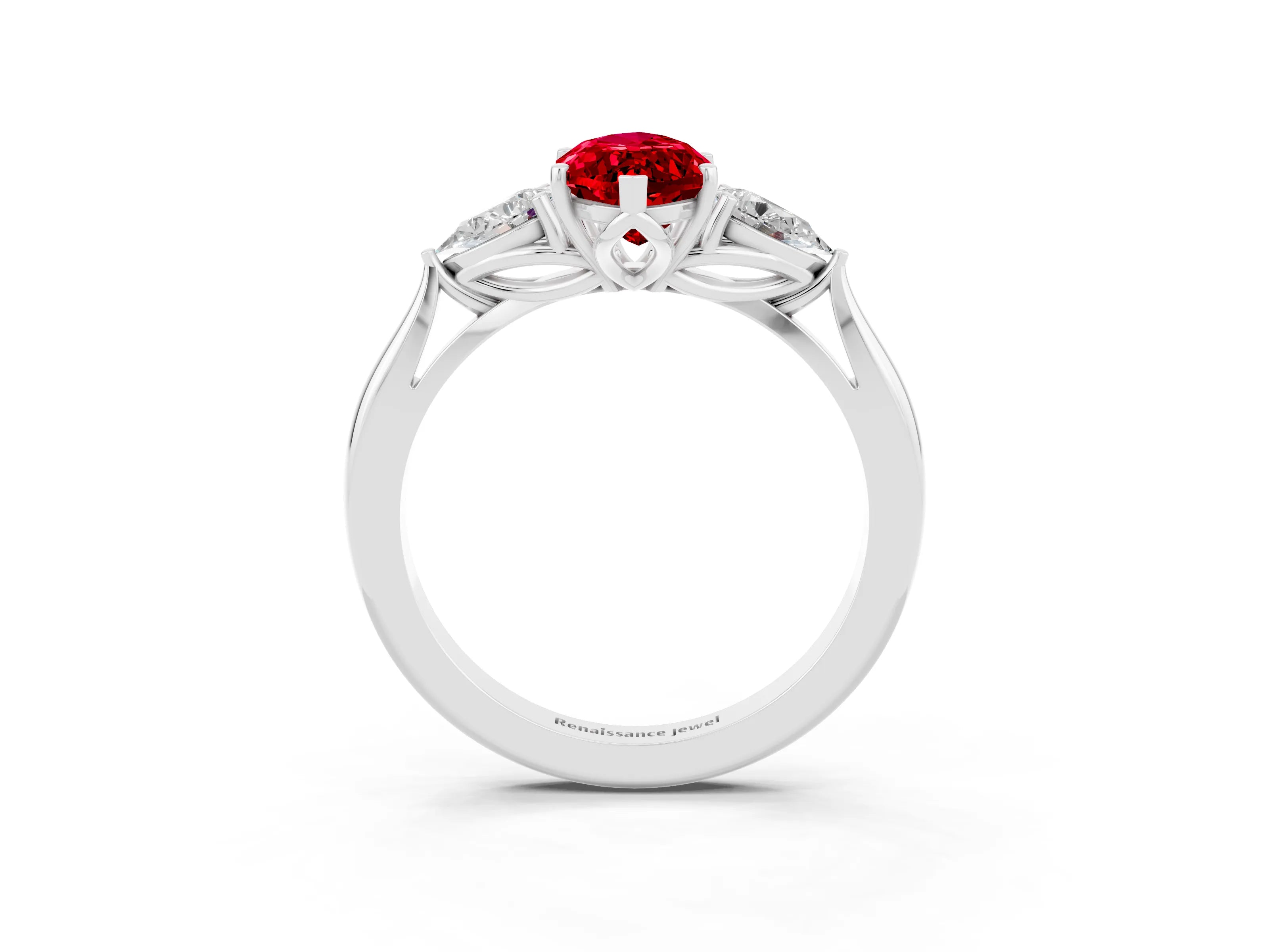 White gold Marquise Cut Ruby Three-Stone Ring with Pear Side Stones and Four-Prong Setting_15