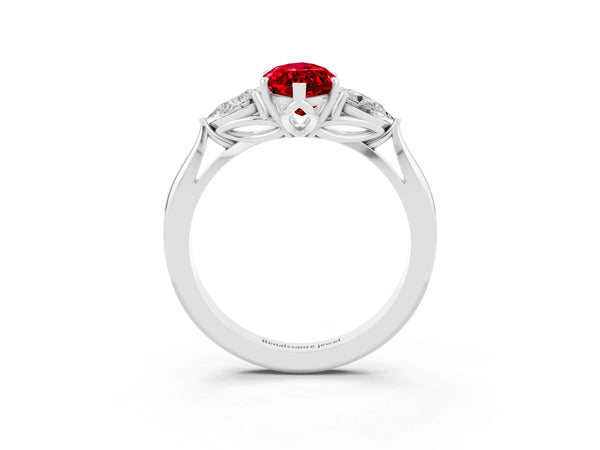 White gold Marquise Cut Ruby Three-Stone Ring with Pear  Side Stones and Prong Setting