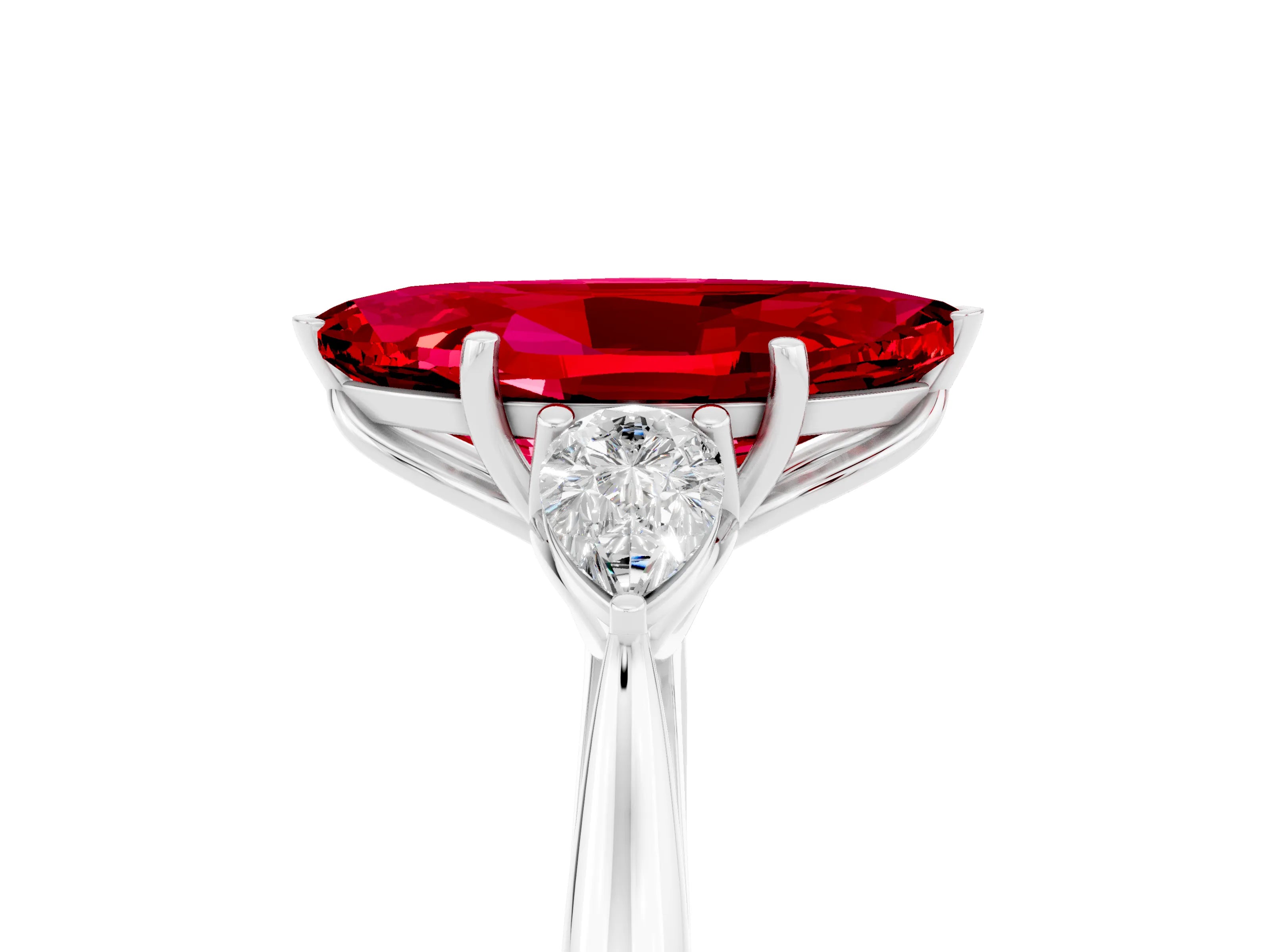 White gold Marquise Cut Ruby Three-Stone Ring with Pear Side Stones and Four-Prong Setting_17