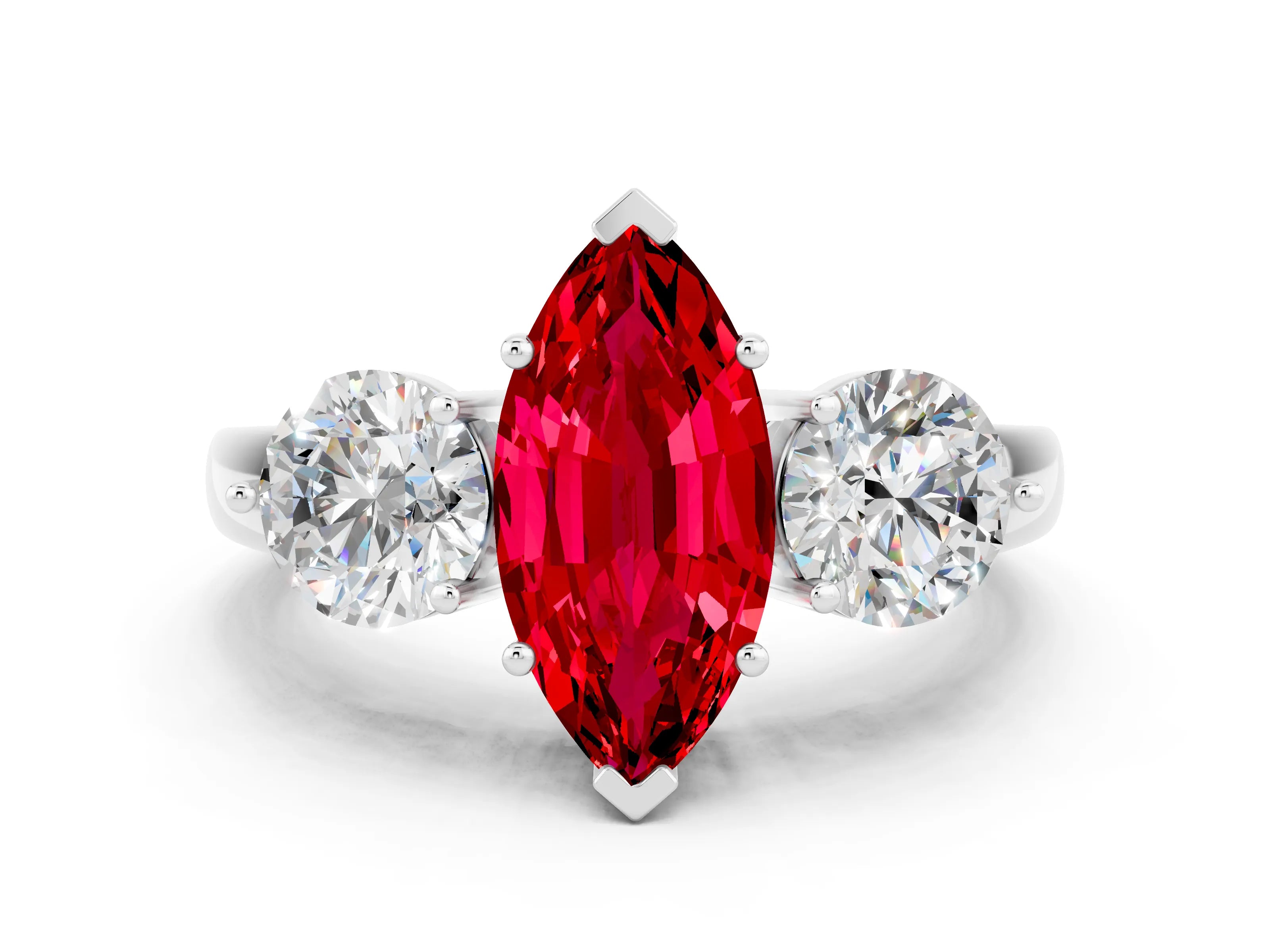 White gold Marquise Cut Ruby Three-Stone Ring with Prong Setting and Classic Band