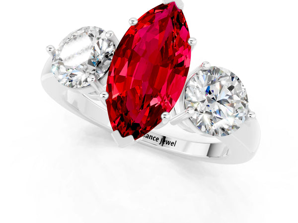 White gold Marquise Cut Ruby Three-Stone Ring with Prong Setting and Classic Band