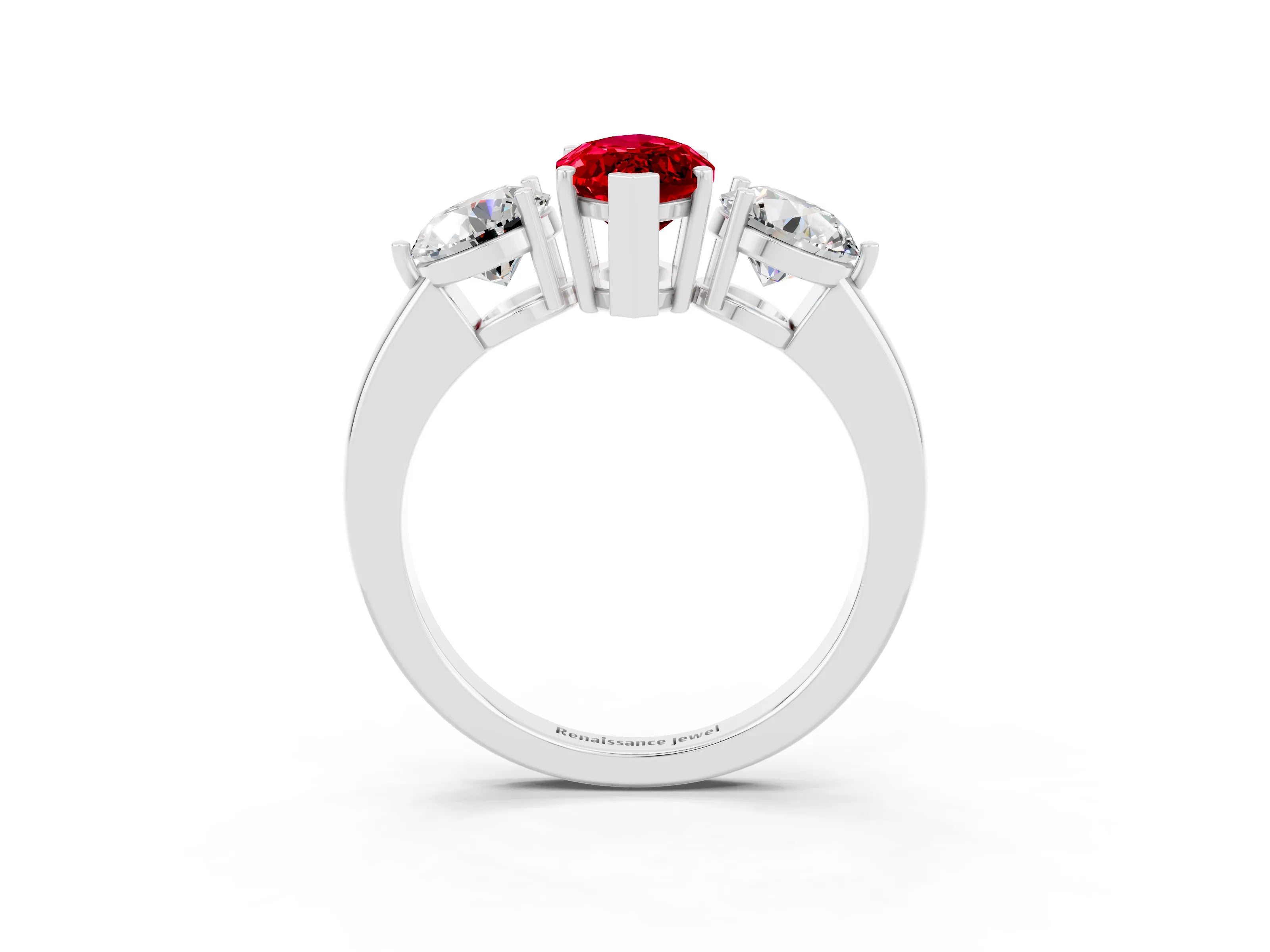 White gold Marquise Cut Ruby Three-Stone Ring with Prong Setting and Classic Band_3