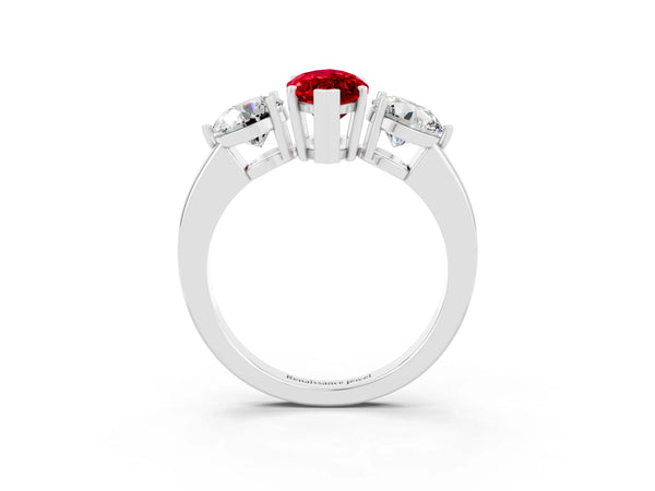 Platinum Marquise Cut Ruby Three-Stone Ring with Prong Setting and Classic Band