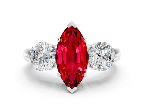 White gold Marquise Cut Ruby Three-Stone Ring with Prong Setting and Classic Band
