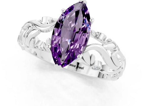 White gold Marquise Cut Solitaire Amethyst Leaf-Inspired Vine Band Ring with Prong Setting_1