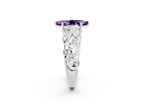 Platinum Marquise Cut Solitaire Amethyst Leaf-Inspired Vine Band Ring with Prong Setting
