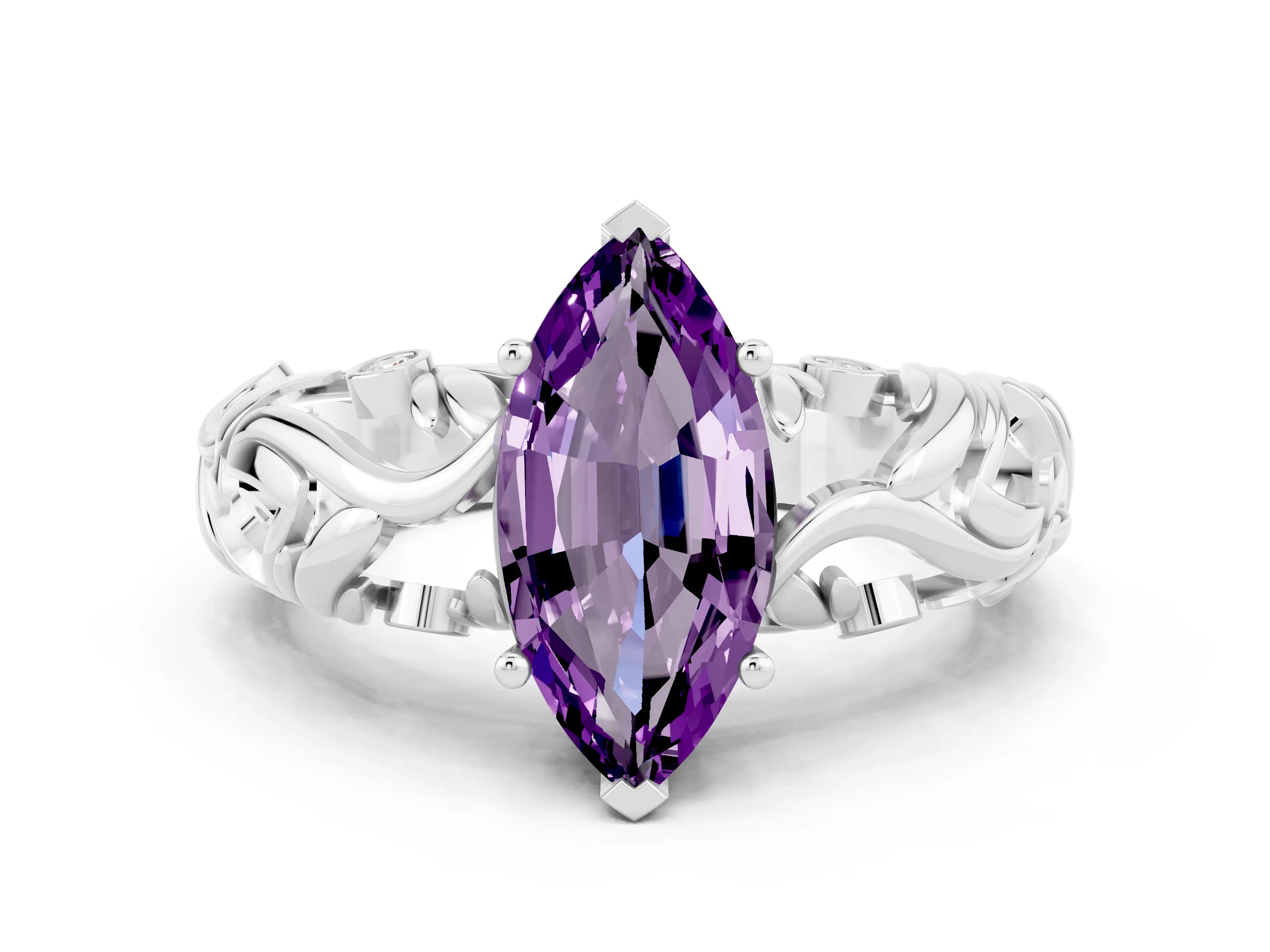 White gold Marquise Cut Solitaire Amethyst Leaf-Inspired Vine Band Ring with Prong Setting