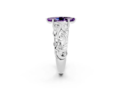 White gold Marquise Cut Solitaire Amethyst Leaf-Inspired Vine Band Ring with Prong Setting_2