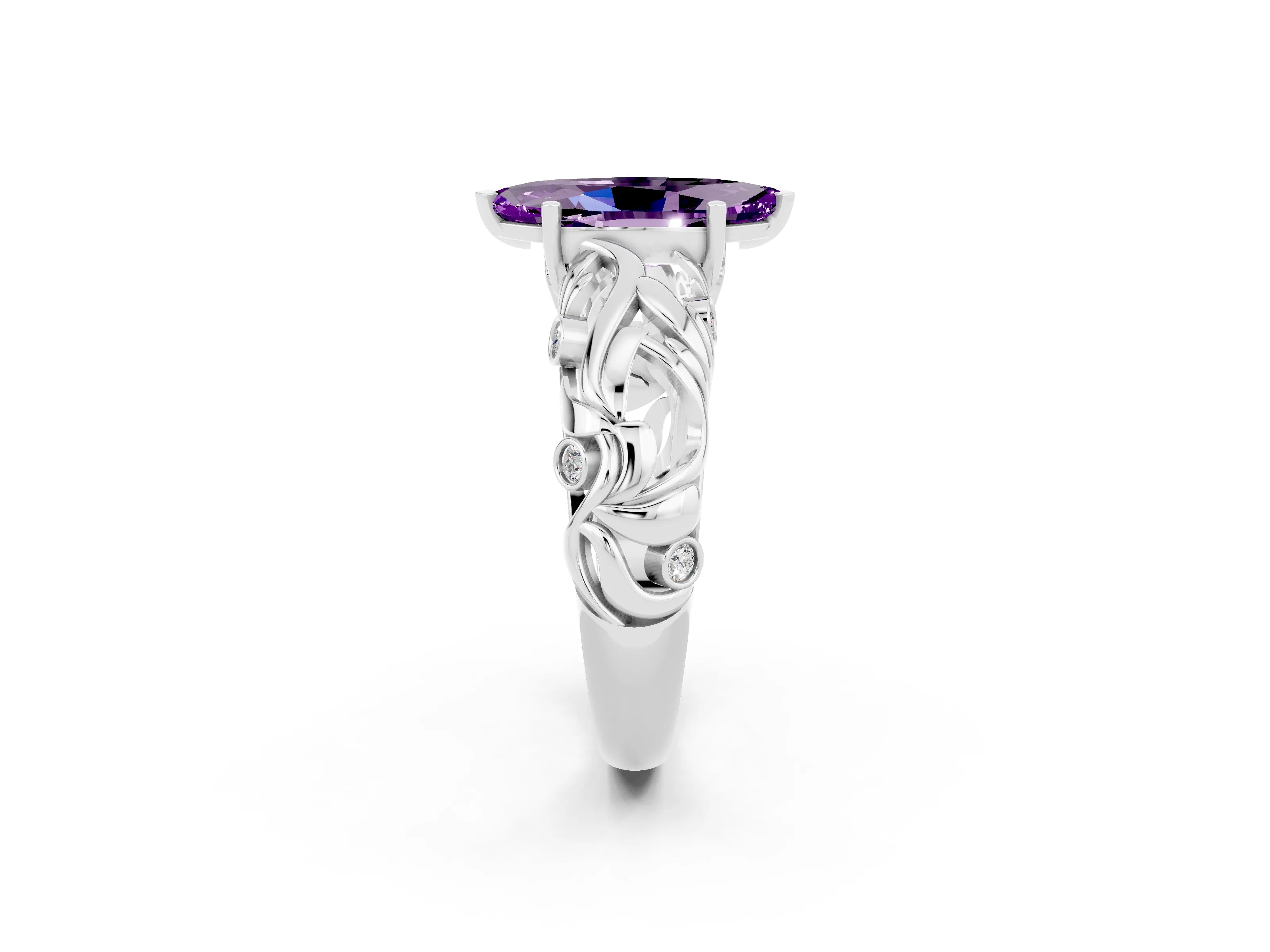 White gold Marquise Cut Solitaire Amethyst Leaf-Inspired Vine Band Ring with Prong Setting_2