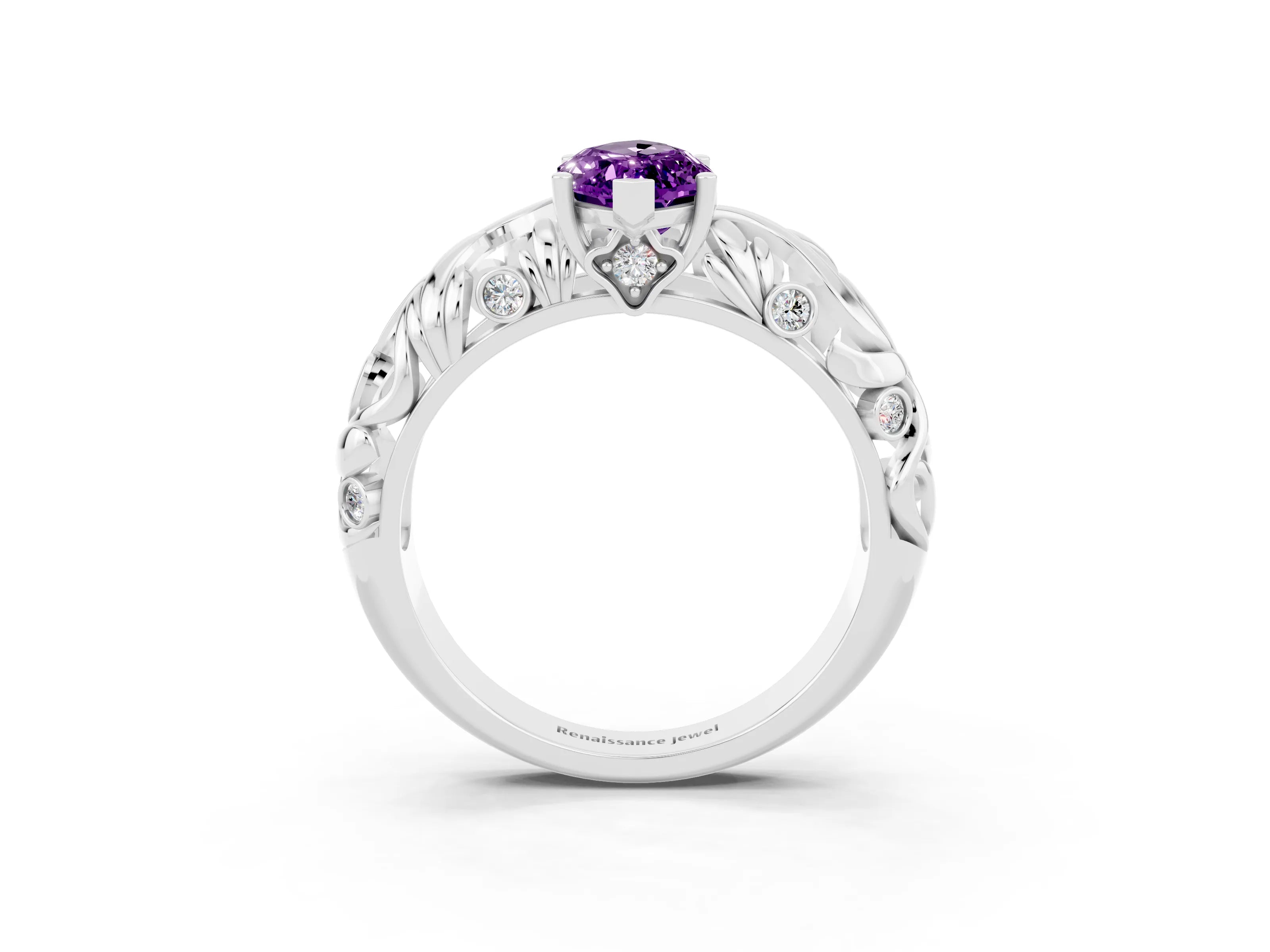 White gold Marquise Cut Solitaire Amethyst Leaf-Inspired Vine Band Ring with Prong Setting_3