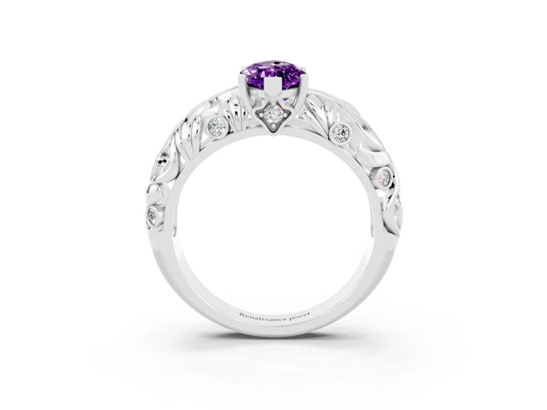 White gold Marquise Cut Solitaire Amethyst Leaf-Inspired Vine Band Ring with Prong Setting