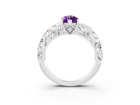 White gold Marquise Cut Solitaire Amethyst Leaf-Inspired Vine Band Ring with Prong Setting_3