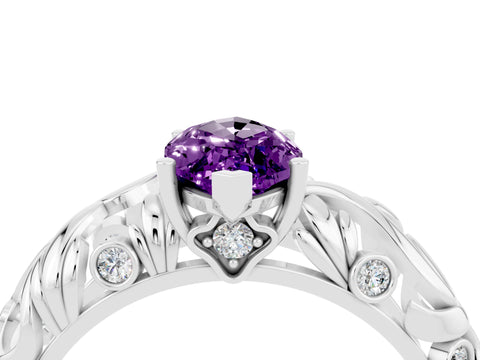 White gold Marquise Cut Solitaire Amethyst Leaf-Inspired Vine Band Ring with Prong Setting_4