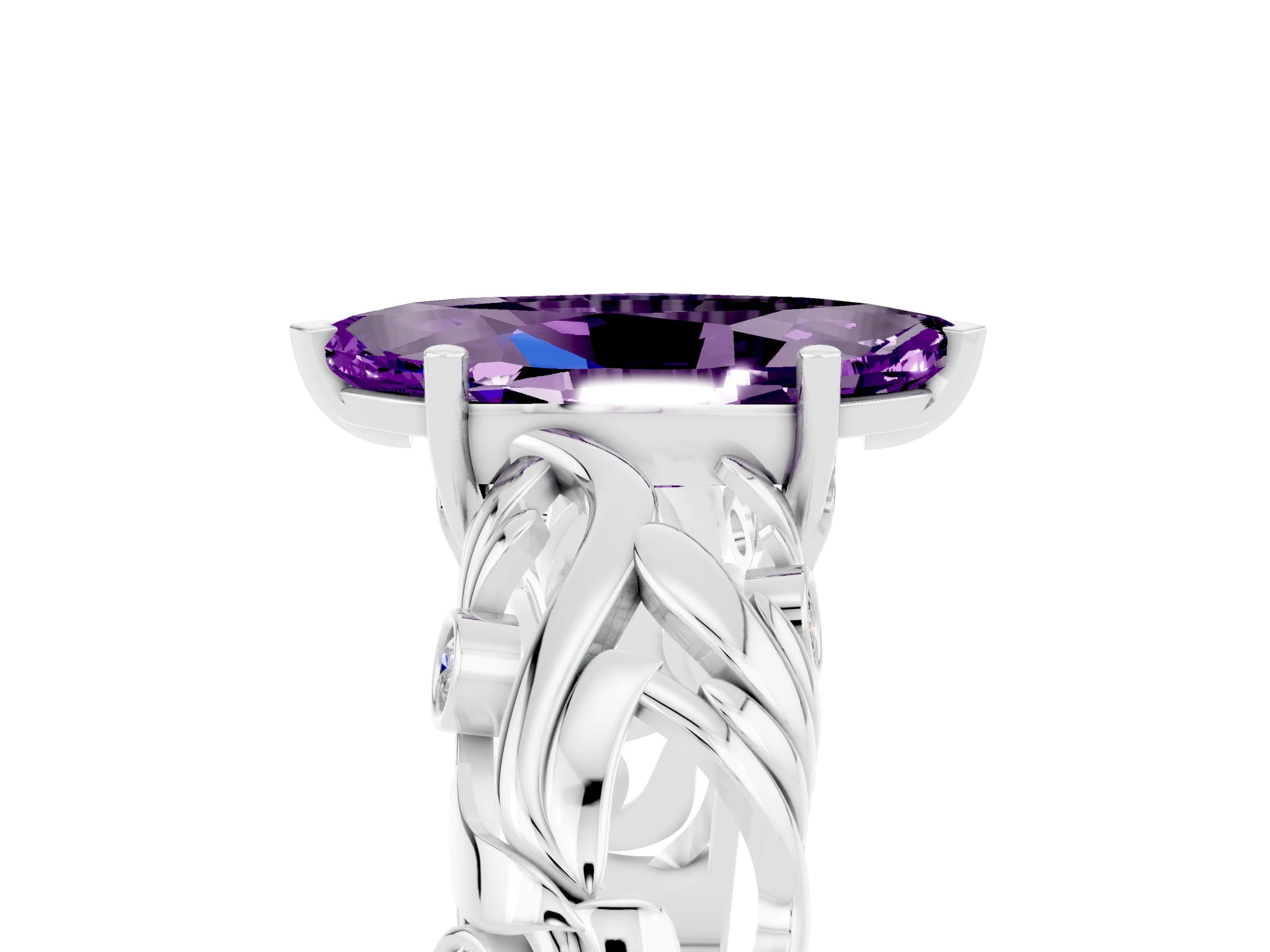 White gold Marquise Cut Solitaire Amethyst Leaf-Inspired Vine Band Ring with Prong Setting_5
