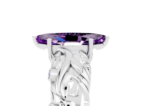 White gold Marquise Cut Solitaire Amethyst Leaf-Inspired Vine Band Ring with Prong Setting_5