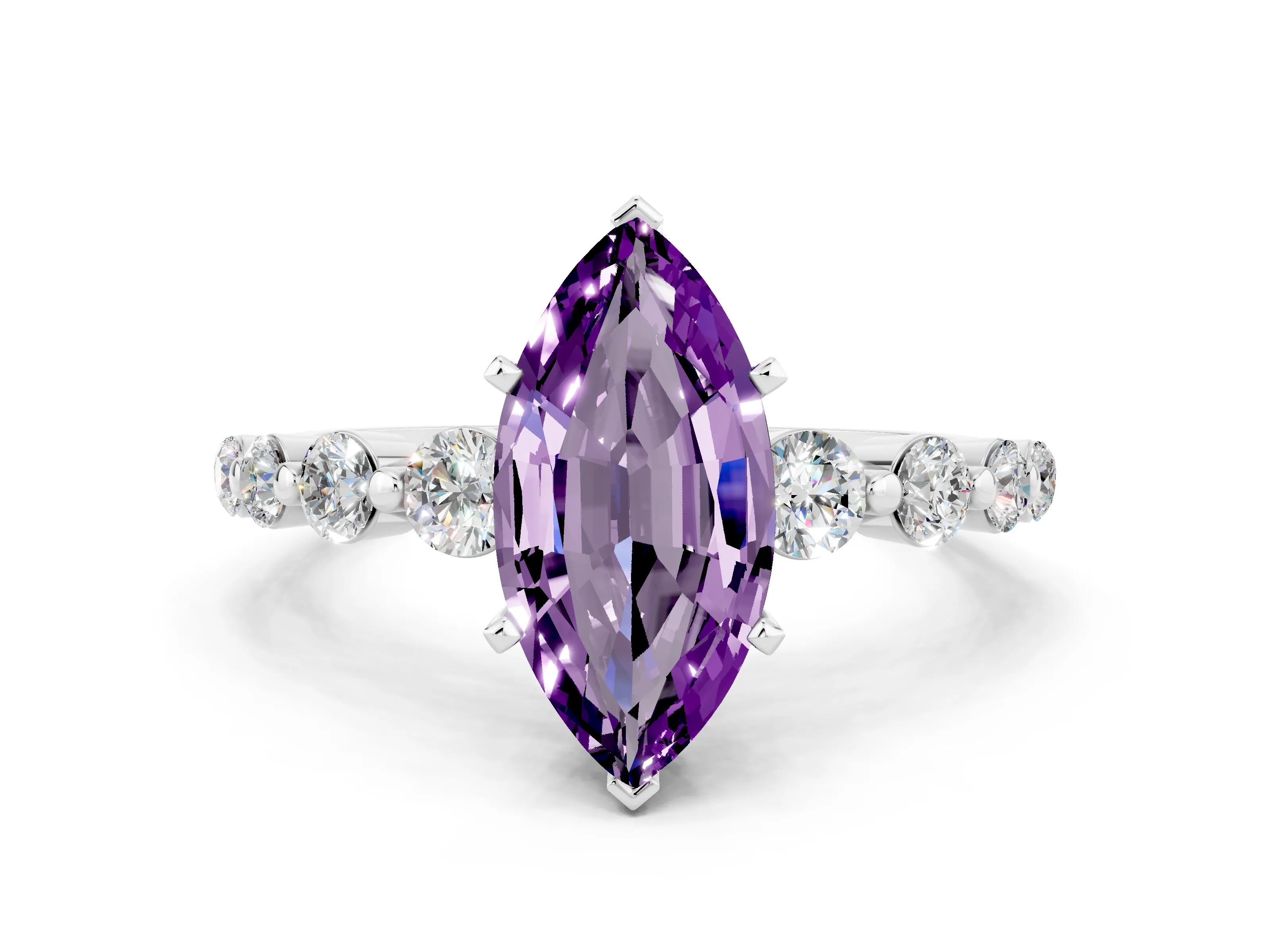 White gold Marquise Cut Solitaire Amethyst Ring with Pave Band and Four-Prong Setting