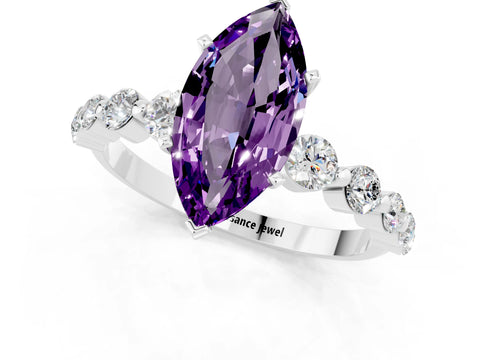 White gold Marquise Cut Solitaire Amethyst Ring with Pave Band and Four-Prong Setting_1