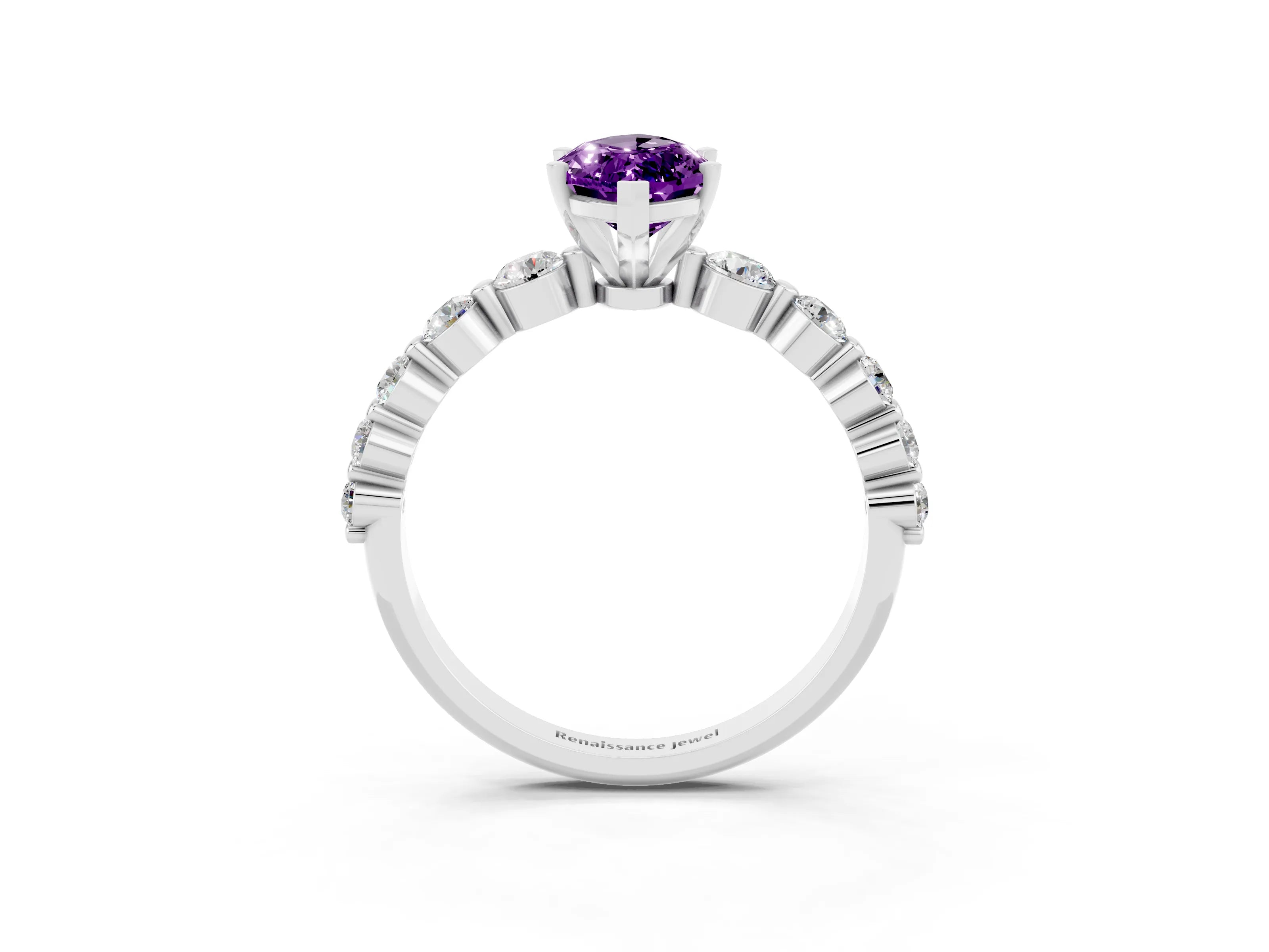 White gold Marquise Cut Solitaire Amethyst Ring with Pave Band and Four-Prong Setting_3