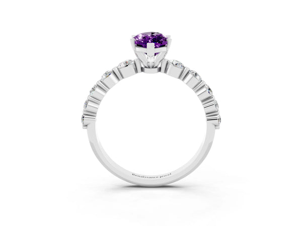 Silver Marquise Cut Solitaire Amethyst Ring with Pave Band and Four-Prong Setting