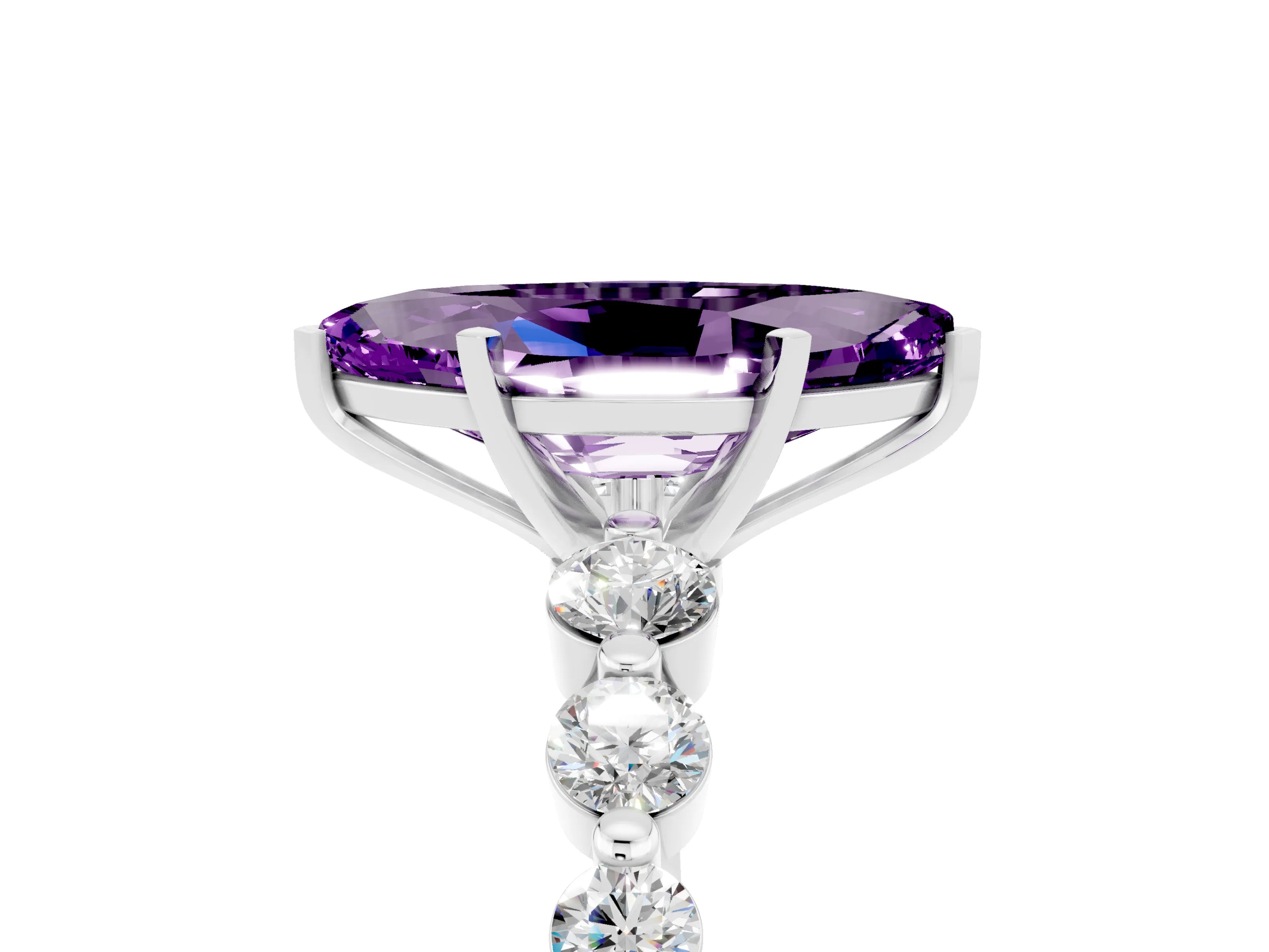 White gold Marquise Cut Solitaire Amethyst Ring with Pave Band and Four-Prong Setting_5